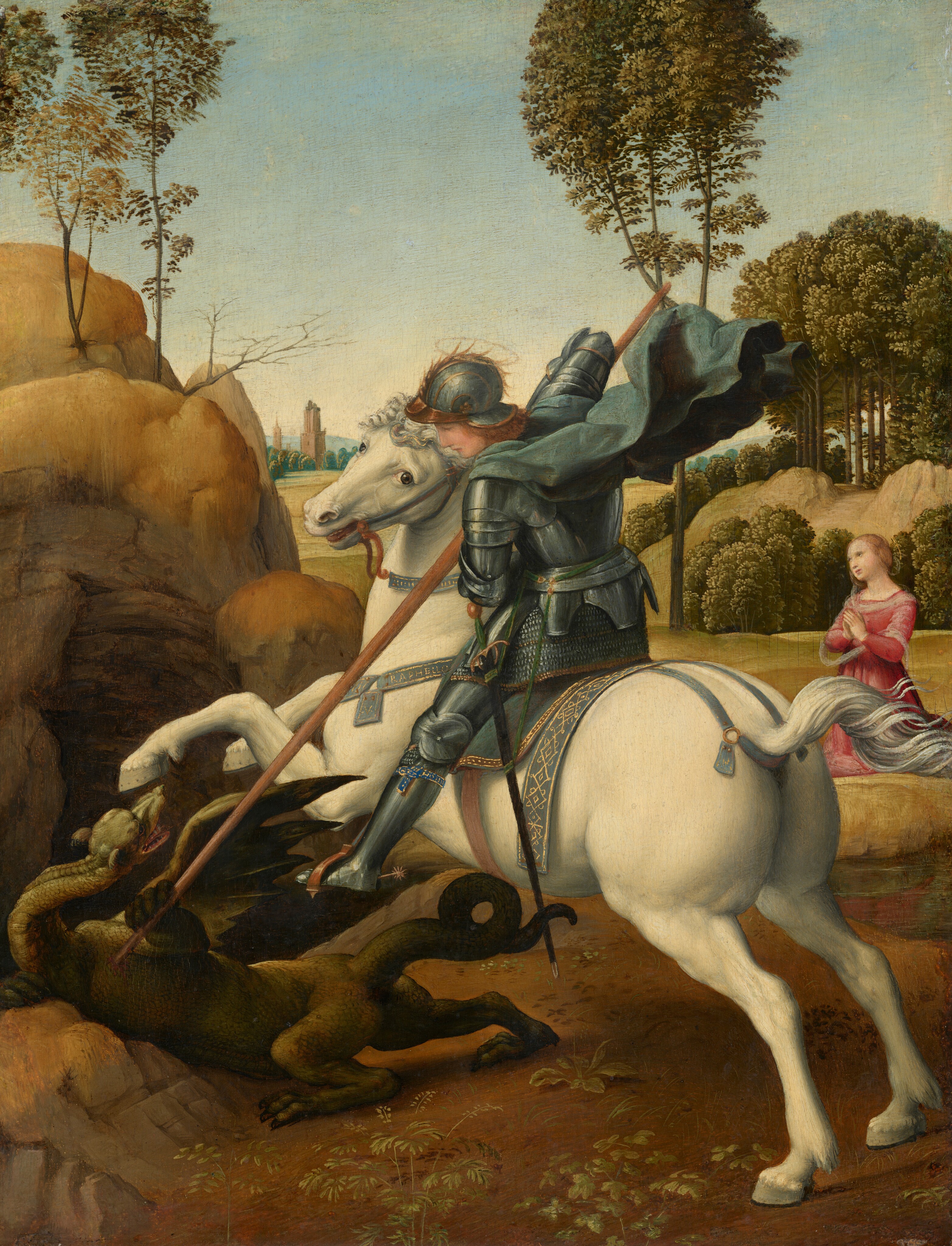 Saint George on horseback spearing a dragon, with the rescued princess praying in the background