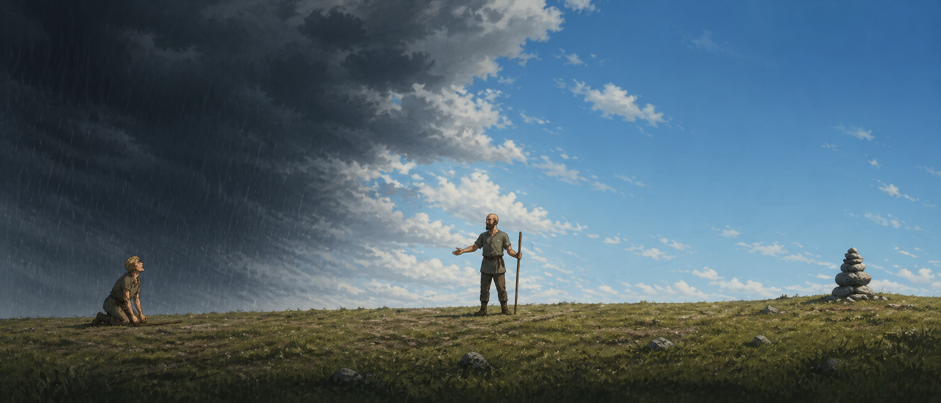A young man in disarray, a guide extending his hand, a cairn of stones