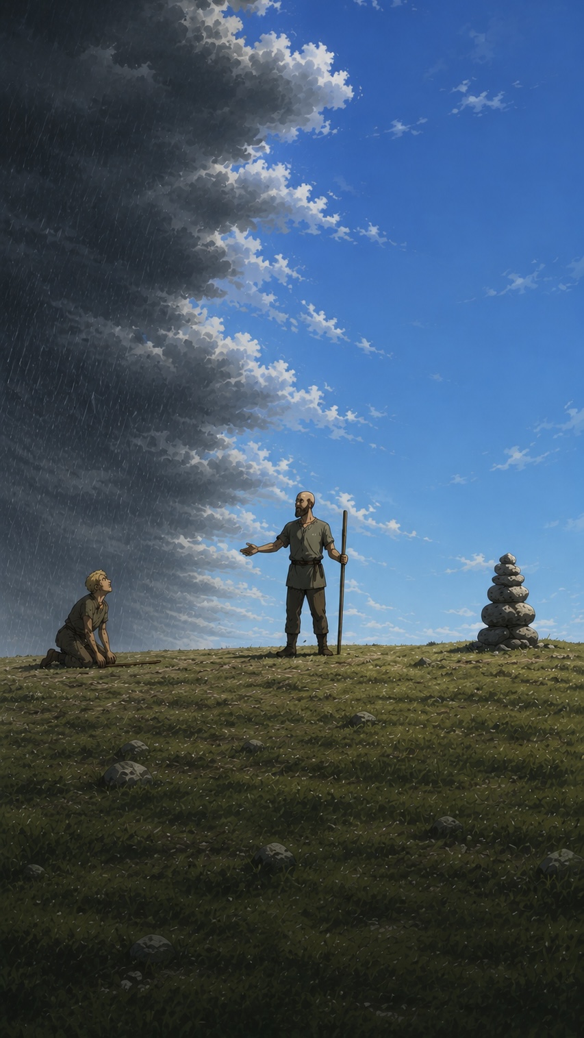 A young man in disarray, a guide extending his hand, a cairn of stones